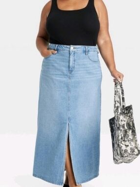 Light Wash Denim Maxi Skirt with Front Slit